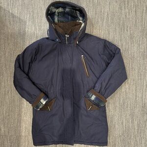 Men's Hooded Navy Puffer Coat with Plaid-Lined Hood